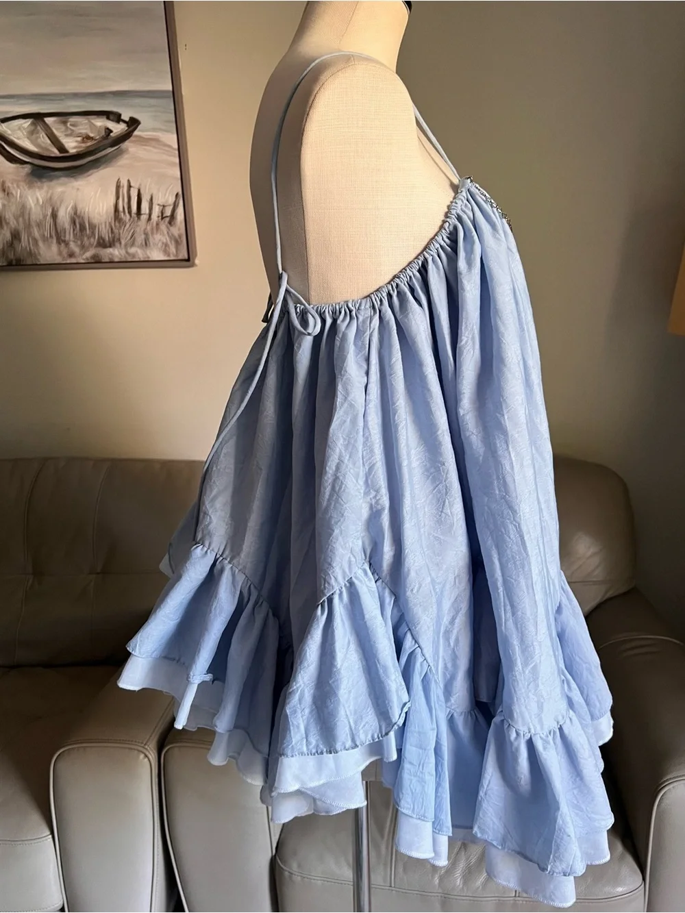 Babydoll Mini Dress Sz M Linen Blend Light Blue Ruffle Spaghetti Strap Angelic_10